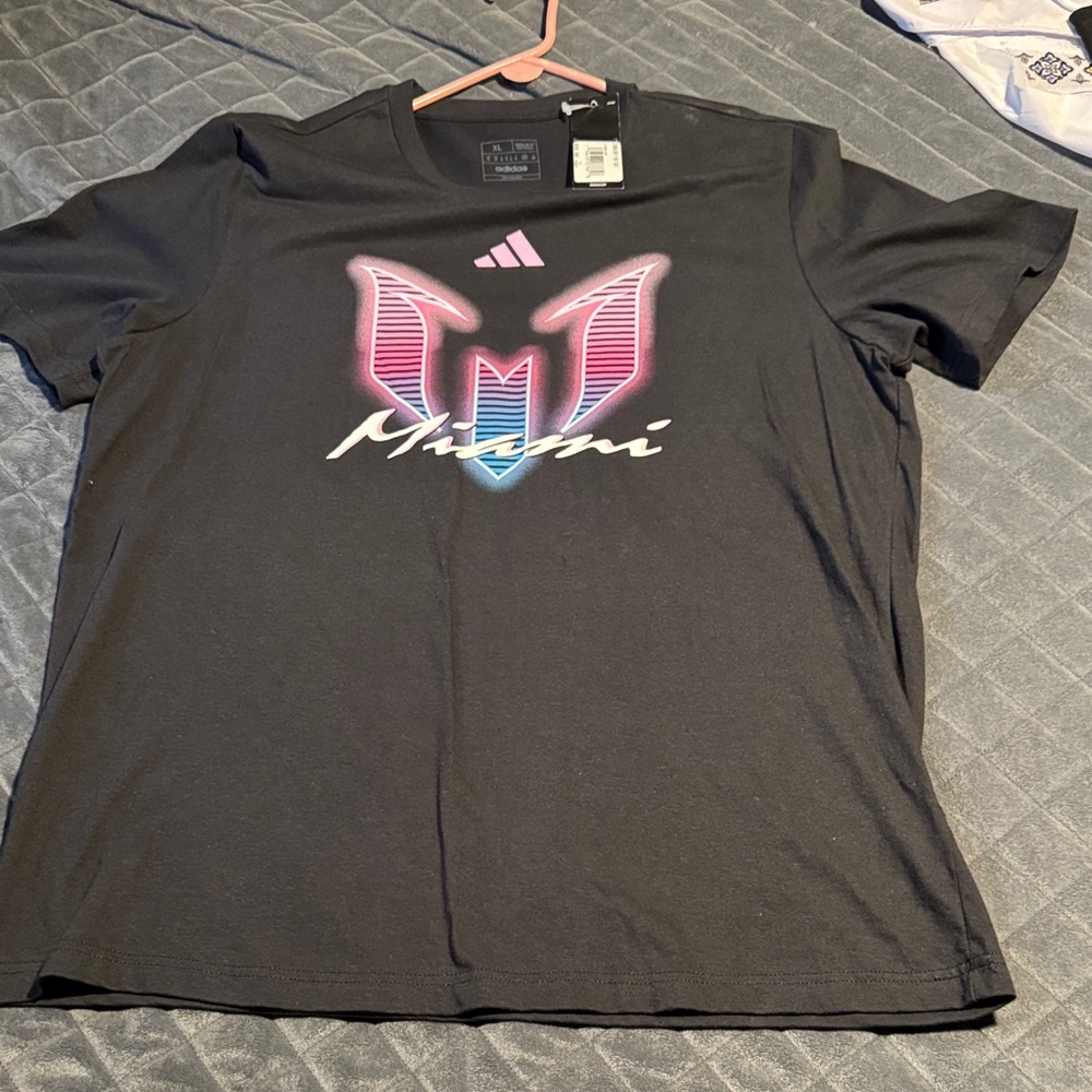 Messi adidas Black Tee with Pink and Blue Miami Graphic